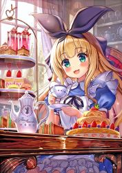 Rule 34 | 1girl, akabane (zebrasmise), apron, blonde hair, blue eyes, blush, bow, cake, character name, commentary request, cup, curtains, day, food, fruit, hair bow, highres, holding, holding cup, indoors, long hair, looking at viewer, macaron, mononobe alice, mononobe alice (1st costume), nijisanji, open mouth, plate, saucer, sitting, solo, strawberry, table, tea, teacup, tiered tray, very long hair, virtual youtuber, window