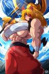 Rule 34 | 1girl, abs, absurdres, axe, bandages, battle axe, blue eyes, breasts, eyepatch, headband, highres, holding, holding weapon, huge breasts, long hair, muscular, muscular female, orange hair, pants, ponytail, red pants, veins, weapon, zess (zesty jesus)
