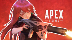 Rule 34 | 1girl, apex legends, black gloves, brown eyes, brown jacket, chinese commentary, copyright name, earrings, firing, gloves, gun, highres, holding, holding gun, holding weapon, indie virtual youtuber, jacket, jewelry, logo, orange eyes, partially fingerless gloves, r-99 smg, red background, red hair, smile, solo, submachine gun, taozechi momoakai, taozechi momoakai (vtuber), v-shaped eyebrows, virtual youtuber, weapon