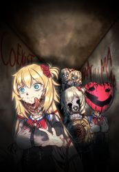 Rule 34 | akai haato, akai haato (1st costume), blonde hair, blood, blood writing, blue eyes, breasts, choker, commentary, english commentary, frostiii, gag, hair ornament, hairclip, heart, highres, hollow eyes, hololive, horror (theme), improvised gag, jewelry, medium breasts, multiple heads, multiple persona, nail polish, necklace, one side up, pale skin, red nails, sharp teeth, stitches, tape, tape gag, teeth, trypophobia, virtual youtuber, x hair ornament