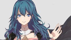 Rule 34 | 1girl, black cloak, blue eyes, blue hair, byleth (female) (fire emblem), byleth (fire emblem), cloak, closed mouth, commentary, detached collar, eyelashes, fire emblem, fire emblem: three houses, grey background, hair between eyes, lips, long hair, looking at viewer, nintendo, palms, roroichi, simple background, smile, solo, upper body