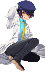 Rule 34 | 1girl, blue hair, blush, cabbie hat, crying, crying with eyes open, dark persona, hat, lab coat, necktie, oversized clothes, pants, persona, persona 4, seiru (prairie), shadow (persona), shirogane naoto, shirt, shoes, short hair, simple background, sitting, sleeves past wrists, smile, solo, tears, tongue, tongue out, white background, yellow eyes, yokozuwari