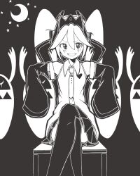 Rule 34 | + +, 1girl, bare shoulders, blush, crescent moon, crossed legs, crown, detached sleeves, greyscale, grin, hair between eyes, hair ornament, hatsune miku, highres, jibeta travel (vocaloid), long hair, looking at viewer, monochrome, moon, necktie, open mouth, pleated skirt, shirt, skirt, sleeves past fingers, sleeves past wrists, smile, solo, star-shaped pupils, star (symbol), symbol-shaped pupils, tsunotsuki (uguisu maccha), twintails, very long hair, vocaloid