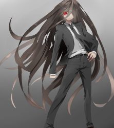 Rule 34 | 1boy, black jacket, black necktie, black pants, black suit, brown hair, clenched hand, closed mouth, collared shirt, danganronpa (series), danganronpa 2: goodbye despair, dress shirt, feet out of frame, formal, gradient background, grey background, grey shirt, hand on own hip, jacket, kamukura izuru, leaning to the side, long hair, long sleeves, necktie, open clothes, open jacket, pants, shine5s, shirt, sideways glance, solo, standing, suit, very long hair
