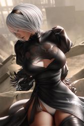 Rule 34 | 1girl, absurdres, black dress, black hairband, boots, cleavage cutout, clothing cutout, cloud.d, dress, closed eyes, feather-trimmed sleeves, grey hair, hairband, highleg, highleg leotard, highres, juliet sleeves, leather, leather boots, leotard, long sleeves, mole, mole under mouth, narrow waist, nier (series), nier:automata, no blindfold, puffy sleeves, solo, sword, thigh boots, thighhighs, thighs, thong leotard, weapon, white hair, white leotard, 2b (nier:automata)