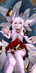 Rule 34 | 1girl, :o, absurdres, bare shoulders, blue eyes, cross (weapon), dress, falling, hair between eyes, hair ornament, highres, honkai (series), honkai impact 3rd, long hair, looking at viewer, nun, open mouth, panties, shards, side ponytail, solo, theresa apocalypse, theresa apocalypse (celestial hymn), thighhighs, underwear, water, white dress, white hair, white panties, white sleeves, white thighhighs, yiduan zhu