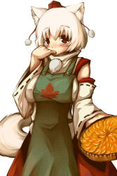 Rule 34 | 1girl, animal ears, apron, bad id, bad pixiv id, breasts, detached sleeves, female focus, food, hat, inubashiri momiji, pie, red eyes, shinobe, short hair, simple background, solo, standing, tail, tokin hat, touhou, white background, white hair, wolf ears, wolf tail