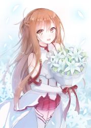 Rule 34 | .com (bot com1), 10s, 1girl, armor, asuna (sao), bad id, bad pixiv id, bouquet, breastplate, brown eyes, brown hair, detached sleeves, flower, highres, long hair, solo, sword art online, thighhighs