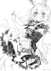 Rule 34 | 1girl, ambience synesthesia, amiya (arknights), animal ears, arknights, blush, rabbit ears, chinese commentary, commentary, dress, feet, floating hair, frilled dress, frills, greyscale, liyu li, long hair, looking at viewer, monochrome, multiple rings, sketch, solo