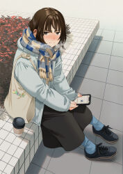 Rule 34 | 1girl, black footwear, black skirt, blue jacket, blue socks, blush, breath, brown eyes, brown hair, cellphone, closed mouth, coffee cup, cup, day, disposable cup, fringe trim, holding, holding phone, jacket, long sleeves, looking at viewer, mattaku mousuke, nose blush, open clothes, open jacket, original, outdoors, phone, plaid, plaid scarf, puffy long sleeves, puffy sleeves, ribbed legwear, scarf, shoes, skirt, socks, solo, v-shaped eyebrows