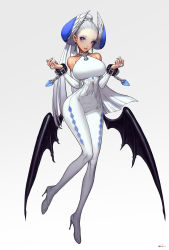 Rule 34 | 1girl, bad id, bad twitter id, bare shoulders, black wings, blue nails, bodysuit, breasts, bridal gauntlets, covered navel, etama quomo, full body, gradient background, hair bun, hands up, head wings, high heels, high ponytail, highres, large breasts, long hair, looking at viewer, low wings, nail polish, narrow waist, no bangs, original, parted lips, pointy ears, single hair bun, sleeveless, sleeveless bodysuit, smile, solo, very long hair, w arms, white background, white bodysuit, white hair, wings