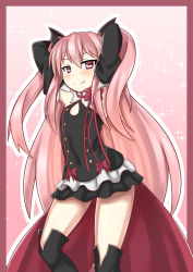Rule 34 | 10s, 1girl, aka no hotaru, arms up, bare shoulders, black dress, boots, bow, detached sleeves, dress, krul tepes, long hair, owari no seraph, pink hair, pointy ears, red eyes, ribbon, smile, solo, thighhighs, vampire, very long hair