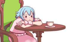 Rule 34 | 1girl, :&lt;, arm rest, bat wings, blue hair, chair, crossed arms, cup, head on arm, highres, no headwear, no headwear, pink skirt, pointy ears, red eyes, remilia scarlet, round table, saucer, short sleeves, simple background, sitting, skirt, skirt set, solo, table, teacup, touhou, white background, wings, wrist cuffs, yoruny