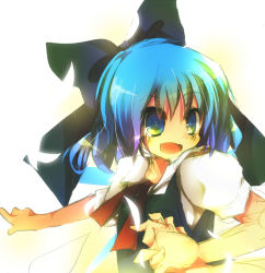 Rule 34 | bad id, bad pixiv id, blouse, blue eyes, blue hair, bow, cirno, collared shirt, dress, embodiment of scarlet devil, hair between eyes, hair bow, pinafore dress, rarami, shirt, sleeveless, sleeveless dress, solo, touhou, white shirt