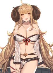 Rule 34 | 1girl, :d, ahoge, anila (granblue fantasy), anila (summer) (granblue fantasy), arm behind back, arm support, bare shoulders, belt, bikini, blonde hair, blush, breasts, cleavage, collarbone, commentary request, detached sleeves, frills, granblue fantasy, highres, horns, large breasts, long hair, looking at viewer, navel, open mouth, sheep horns, simple background, siu (siu0207), smile, standing, stomach, strapless, strapless bikini, swimsuit, thigh strap, thighs, underboob, very long hair, white background, white bikini, yellow eyes
