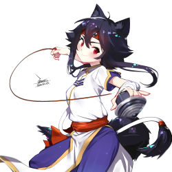 Rule 34 | 1girl, animal ears, beyblade, black hair, blush, breasts, commentary request, dated, ejami, ekko (ejami), fox ears, fox girl, fox tail, hair between eyes, long hair, looking at viewer, original, red eyes, shirt, signature, simple background, smile, solo, tail, white background