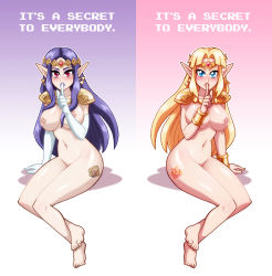Rule 34 | 2girls, ass, barefoot, blonde hair, blue eyes, blush, breasts, elbow gloves, english text, feet, finger to mouth, gloves, long hair, looking at viewer, multiple girls, navel, nintendo, nipples, nopeavi, nude, pointy ears, princess hilda, princess zelda, purple hair, red eyes, shoulder pads, sitting, stomach, tattoo, text focus, the legend of zelda, the legend of zelda: a link between worlds, tiara, white gloves
