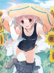 Rule 34 | 1girl, black thighhighs, blue eyes, bracelet, breasts, brown hair, cleavage, clothes pull, day, flower, flower bracelet, hand on own hip, highres, hip focus, innertube, jewelry, leaning, long hair, medium breasts, mibu natsuki, necklace, one-piece swimsuit, open mouth, original, school swimsuit, skirt, skirt pull, sky, smile, solo, sunflower, swim ring, swimsuit, thighhighs, twintails, undressing, watch, wristwatch