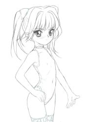 Rule 34 | 1girl, blush, elf, female focus, hico6, monochrome, one-piece swimsuit, outline, pointy ears, solo, swimsuit, thighhighs, twintails, white background