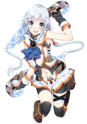 Rule 34 | 10s, 1girl, :d, ange vierge, arm up, black gloves, black thighhighs, blue eyes, braid, dual wielding, gloves, holding, long hair, looking at viewer, navel, open mouth, revision, silver hair, smile, solo, sword, thighhighs, twin braids, weapon, white background, yappen