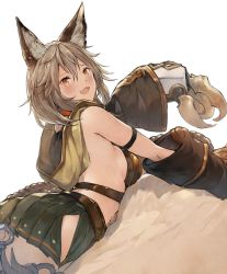 Rule 34 | 10s, 1girl, animal ears, blush, braid, breasts, brown eyes, claws, erune, fang, granblue fantasy, grey hair, highres, hip vent, long hair, looking at viewer, lying, midriff, on stomach, open mouth, pleated skirt, red eyes, sen (granblue fantasy), sideboob, skirt, solo, tokopi