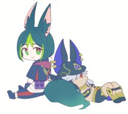 Rule 34 | 2boys, animal ear fluff, animal ears, animal hat, chibi, closed mouth, cyno (genshin impact), fox boy, fox ears, fox tail, genshin impact, gloves, green eyes, green hair, grey hair, hair over one eye, hat, hood, hood down, looking at viewer, lying, male focus, multicolored hair, multiple boys, mzh, on back, red eyes, simple background, sitting, smile, tail, tighnari (genshin impact), white background