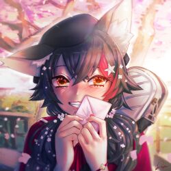 Rule 34 | 1girl, animal ear fluff, animal ears, black hair, blurry, blurry background, blush, cherry blossoms, crossed bangs, envelope, fangs, hat, highres, holding, holding envelope, hololive, long hair, looking at viewer, low-tied long hair, multicolored hair, ookami mio, ookami mio (street), red hair, regiism, smile, solo, teeth, two-tone hair, upper body, virtual youtuber, wolf ears, wolf girl