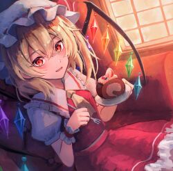 Rule 34 | 1girl, ascot, blonde hair, bo cota, cake, collared shirt, crystal, fang, flandre scarlet, food, fork, frilled shirt collar, frills, hair between eyes, hat, highres, holding, holding fork, holding plate, indoors, long hair, mob cap, one side up, open mouth, plate, red eyes, red skirt, red vest, shirt, sitting, skirt, smile, solo, touhou, vest, white hat, white shirt, window, wings, wrist cuffs, yellow ascot