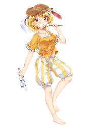 Rule 34 | 1girl, absurdres, akiteru (akiteru98), animal ears, barefoot, between fingers, blonde hair, blush, breasts, brown hat, collarbone, commentary request, dango, flat cap, food, frills, full body, hand up, hat, highres, holding, holding food, looking at viewer, medium breasts, midriff peek, orange shirt, rabbit ears, red eyes, ringo (touhou), shiny skin, shirt, short hair, short sleeves, shorts, simple background, smile, solo, standing, standing on one leg, striped clothes, striped shorts, touhou, vertical-striped clothes, vertical-striped shorts, wagashi, white background, white shorts, yellow shorts