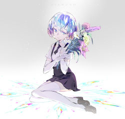 Rule 34 | 1other, androgynous, black footwear, black necktie, blue eyes, character name, commentary request, crystal hair, diamond (gemstone), diamond (houseki no kuni), elbow gloves, flower, full body, gem uniform (houseki no kuni), gloves, highres, houseki no kuni, looking to the side, necktie, shoes, short hair, short sleeves, simple background, sitting, solo, sparkle, suspenders, tennohi, thighhighs, white thighhighs