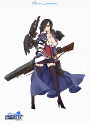 Rule 34 | 1girl, ark royal (azur lane), azur lane, belt, black hair, black skirt, black thighhighs, blue eyes, boots, breasts, bullet, cape, cleavage, cleavage cutout, clothing cutout, coat, eyes visible through hair, full body, garter straps, gloves, hair over one eye, hand on own hip, high heel boots, high heels, highres, holding, holding weapon, long hair, miniskirt, mkiiiiii, official art, original, skirt, smile, solo, standing, thighhighs, weapon, white gloves, zettai ryouiki
