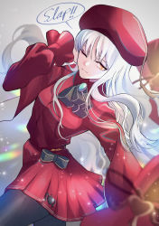 Rule 34 | 1girl, beret, black bow, black pantyhose, bow, bowtie, brooch, caren hortensia, caren hortensia (amor caren), caren hortensia (amor caren) (second ascension), closed mouth, cowboy shot, dress, dress bow, english text, fate/grand order, fate (series), grey background, hat, highres, jewelry, kassan (kassan 5a), long hair, looking at viewer, one eye closed, pantyhose, pleated dress, red dress, red hat, short dress, simple background, smile, solo, speech bubble, standing, tassel, white hair, yellow eyes