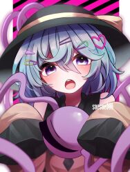 Rule 34 | 1girl, black hat, blouse, bow, buttons, diamond button, eyeball, frilled shirt collar, frilled sleeves, frills, green hair, hat, hat bow, hat ribbon, heart, heart of string, highres, komeiji koishi, open mouth, purple eyes, ribbon, shirt, skirt, soesoe300, solo, teeth, third eye, touhou, upper teeth only, wide sleeves, yellow bow, yellow shirt