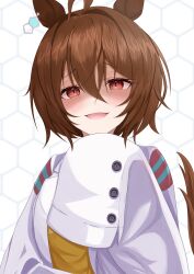 Rule 34 | 1girl, absurdres, agnes tachyon (umamusume), ahoge, animal ears, brown hair, chemical structure, coat, commentary request, earrings, hair between eyes, highres, honeycomb (pattern), horse ears, horse girl, horse tail, jewelry, lab coat, looking at viewer, messy hair, open clothes, open coat, open mouth, red eyes, short hair, simple background, single earring, sleeves past fingers, sleeves past wrists, solo, sweater vest, tail, tsuyusora, umamusume, white background, white coat, yellow sweater vest
