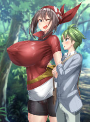 Rule 34 | 1boy, 1girl, absurdres, bag, bandana, black shorts, blue eyes, blush, breasts, brown hair, cameltoe, cleft of venus, covered erect nipples, covered navel, creatures (company), forest, game freak, green hair, height difference, highres, huge breasts, kawahagitei, long hair, long sleeves, looking at another, may (pokemon), nature, nintendo, one eye closed, open mouth, outdoors, pokemon, pokemon rse, red bandana, red shirt, shirt, short hair, short sleeves, shorts, size difference, skindentation, taller female, wally (pokemon), white shirt, wink