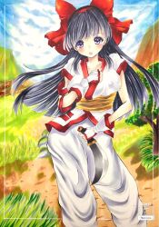 Rule 34 | 1girl, ainu clothes, black hair, breasts, fingerless gloves, gloves, hair ribbon, hand on own chest, highres, large breasts, legs, long hair, looking at viewer, nakoruru, nature, open mouth, pants, purple eyes, ribbon, samurai spirits, snk, solo, the king of fighters, thighs, traditional media, weapon