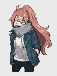 Rule 34 | 1girl, alternate costume, alternate hairstyle, android 21, black-framed eyewear, black pants, blue eyes, blue jacket, dragon ball, dragon ball fighterz, earrings, glasses, grey background, grey scarf, hair between eyes, hands in pockets, jacket, jewelry, kemachiku, long hair, looking at viewer, open clothes, open jacket, pants, ponytail, red hair, scarf, shirt, simple background, solo, white shirt