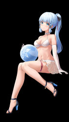 Rule 34 | 1girl, absurdres, ayaka (genshin impact), ball, bare legs, bare shoulders, bikini, bikini skirt, black background, black ribbon, blue eyes, blue hair, blunt bangs, breasts, chinese commentary, choker, cleavage, commentary request, elbow gloves, genshin impact, gloves, hair ribbon, high heels, highres, invisible chair, long hair, looking at viewer, medium breasts, navel, pleated skirt, ponytail, ribbon, sidelocks, simple background, sitting, skirt, smile, solo, stomach, swimsuit, t zhonglang, thigh strap, thighs, white bikini, white choker, white gloves, white skirt