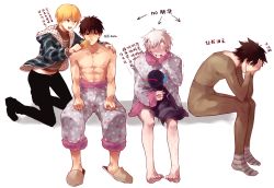 Rule 34 | 4boys, anger vein, animalization, barefoot, black hair, blonde hair, brown eyes, brown hair, cat, chinese text, command spell, corn dog, covering privates, covering face, emiya kiritsugu, fate/zero, fate (series), gilgamesh (fate), helmet, kotomine kirei, leotard, male focus, matou kariya, mayer, multiple boys, pajamas, red eyes, topless male, slippers, translation request, white background