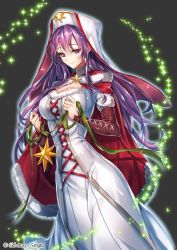 Rule 34 | 1girl, cape, copyright name, dress, nun, official art, purple eyes, purple hair, red cape, sid story, sila (carpen), solo, star (symbol), white dress