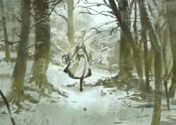 1girl animal_ears arknights black_cape cape commentary_request day dress grey_tail grey_theme highres long_hair long_sleeves looking_to_the_side lunifish outdoors plant pramanix_(arknights) solo standing tail tree walking white_dress white_hair white_tail wide_shot