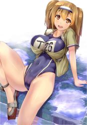 Rule 34 | 10s, 1girl, absurdres, arm support, armadillo-tokage, bad id, bad twitter id, blush, breasts, brown eyes, covered erect nipples, hairband, highres, i-26 (kancolle), kantai collection, large breasts, light brown hair, long hair, looking at viewer, name tag, new school swimsuit, one-piece swimsuit, open mouth, sailor collar, sandals, school swimsuit, short sleeves, sitting, smile, solo, swimsuit, swimsuit under clothes, two-tone hairband, two side up, water, zipper