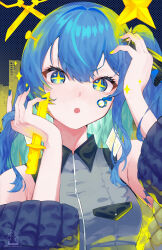 Rule 34 | 1girl, :o, absurdres, artist logo, bare shoulders, blue eyes, blue hair, blue nails, breast pocket, collared shirt, colored inner hair, fingernails, grey shirt, hands up, highres, hololive, hoshimachi suisei, knife, long hair, looking at viewer, medium hair, mercs (kapebeovorus), multicolored hair, nail, off shoulder, open mouth, pocket, revision, scissors, shirt, sleeveless, sleeveless shirt, solo, star (symbol), star in eye, symbol in eye, upper body, virtual youtuber, wide sleeves, yuurei tokyo (vocaloid)