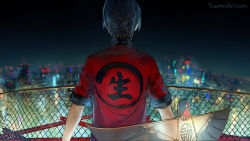 Rule 34 | 1boy, absurdres, black hair, chinese clothes, city, from behind, highres, kite, knite, male focus, night, short hair, solo, standing, watermark, web address, yuumei