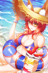Rule 34 | 1girl, absurdres, animal ear fluff, animal ears, beach, bikini, blue bikini, blush, bow, bracelet, breasts, ears through headwear, fate/grand order, fate (series), food, fox ears, fruit, hand on headwear, hat, hat bow, highres, holding, hyangu, ice cream, innertube, jewelry, large breasts, looking at viewer, necklace, outdoors, pink eyes, red hair, sand, scrunchie, smile, solo, strawberry, summer, sun hat, swim ring, swimsuit, tamamo (fate), tamamo no mae (fate/extra), tamamo no mae (swimsuit lancer) (fate), wrist scrunchie, yellow eyes