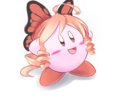 Rule 34 | ahoge, androgynous, blonde hair, blue eyes, blush stickers, butterfly hair ornament, colored skin, drill hair, fusion, gender request, hair ornament, kirby, kirby (series), long hair, lowres, nintendo, pink skin, sakuraba himari (magister), sig (sfried), smile, solo, twin drills, white background