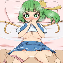 Rule 34 | 1boy, 1girl, areola slip, bar censor, blush, bow, breasts, censored, clothed sex, covering own mouth, daiyousei, dress, fairy wings, green eyes, green hair, hair bow, hair ribbon, heart, heart-shaped pupils, hetero, kigan&#039;eiji, large breasts, lifting own clothes, long hair, looking at viewer, lying, on back, on bed, penis, pillow, pussy, ribbon, sex, side ponytail, spread legs, symbol-shaped pupils, tearing up, touhou, vaginal, wings