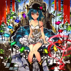 Rule 34 | 1girl, adapted costume, alternate costume, alternate hair length, alternate hairstyle, bare shoulders, blue hair, boots, crystal, dress, food, frills, fruit, hat, hinanawi tenshi, image sample, leaf, looking at viewer, moruchi (rinaka moruchi), peach, red eyes, rock, short hair, sitting, smile, solo, sparkle, strapless, strapless dress, touhou, white dress