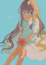 Rule 34 | 1girl, blue background, blue eyes, blush, brown hair, closed mouth, commentary request, dress, feet out of frame, flower, highres, holding, holding flower, long hair, looking at viewer, original, own hands clasped, own hands together, potg (piotegu), red flower, short sleeves, signature, simple background, sitting, solo, white dress
