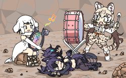 Rule 34 | 3girls, animal ears, black hair, boots, bow, bowtie, brown eyes, brown hair, cat ears, cat girl, cat tail, cerberus (kemono friends), chibi, closed eyes, dress, drum, elbow gloves, extra ears, fangs, fingerless gloves, full body, geoffroy&#039;s cat (kemono friends), gloves, harp, harp seal (kemono friends), holding, holding instrument, instrument, kemono friends, legs apart, long hair, looking at another, lying, medium hair, midriff, miniskirt, multicolored hair, multiple girls, music, musical note, navel, on ground, on side, open mouth, pantyhose, pantyhose under shorts, playing instrument, purple hair, sandals, scar, scar across eye, shirt, shoes, short shorts, shorts, sidelocks, sitting, skirt, sleeping, smile, srd (srdsrd01), standing, stomach, strapless, suspender skirt, suspenders, tail, thigh strap, thighhighs, tube top, twintails, two-tone hair, v-shaped eyebrows, very long hair, white hair, yellow eyes, zettai ryouiki